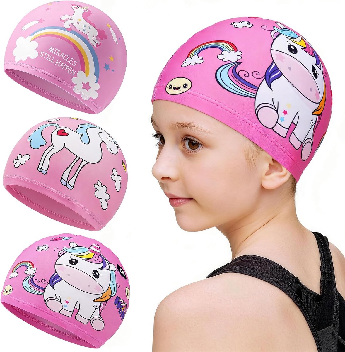 Zwemcaps voor kinderen 3-pack - Eenhoornvorm - Polyester - Geschikt voor kort en lang haar - SnelShoppen