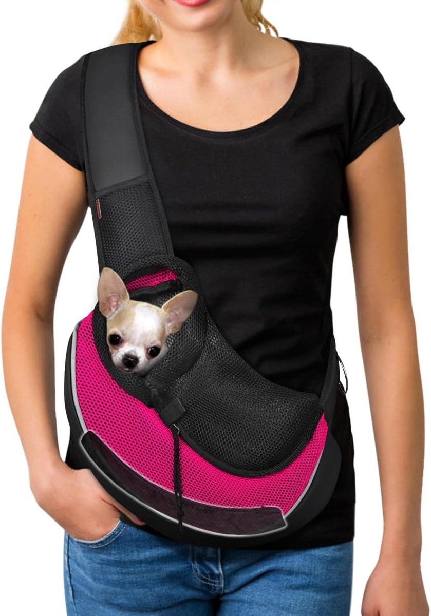 Huisdier Draagzak - Draagdoek Hond - Veilig Reizen - Ademend Mesh Materiaal - Medium - Roze Zwart