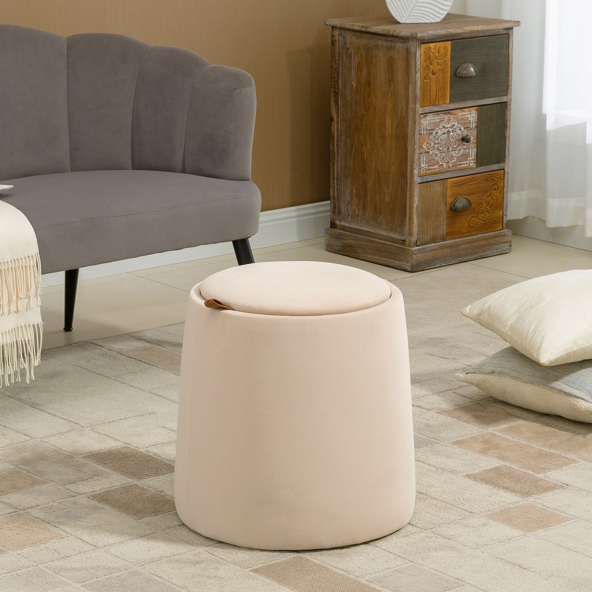 COVREO Poef met opbergruimte, 44 x 47,5 cm, beige, polyester met velvetlook