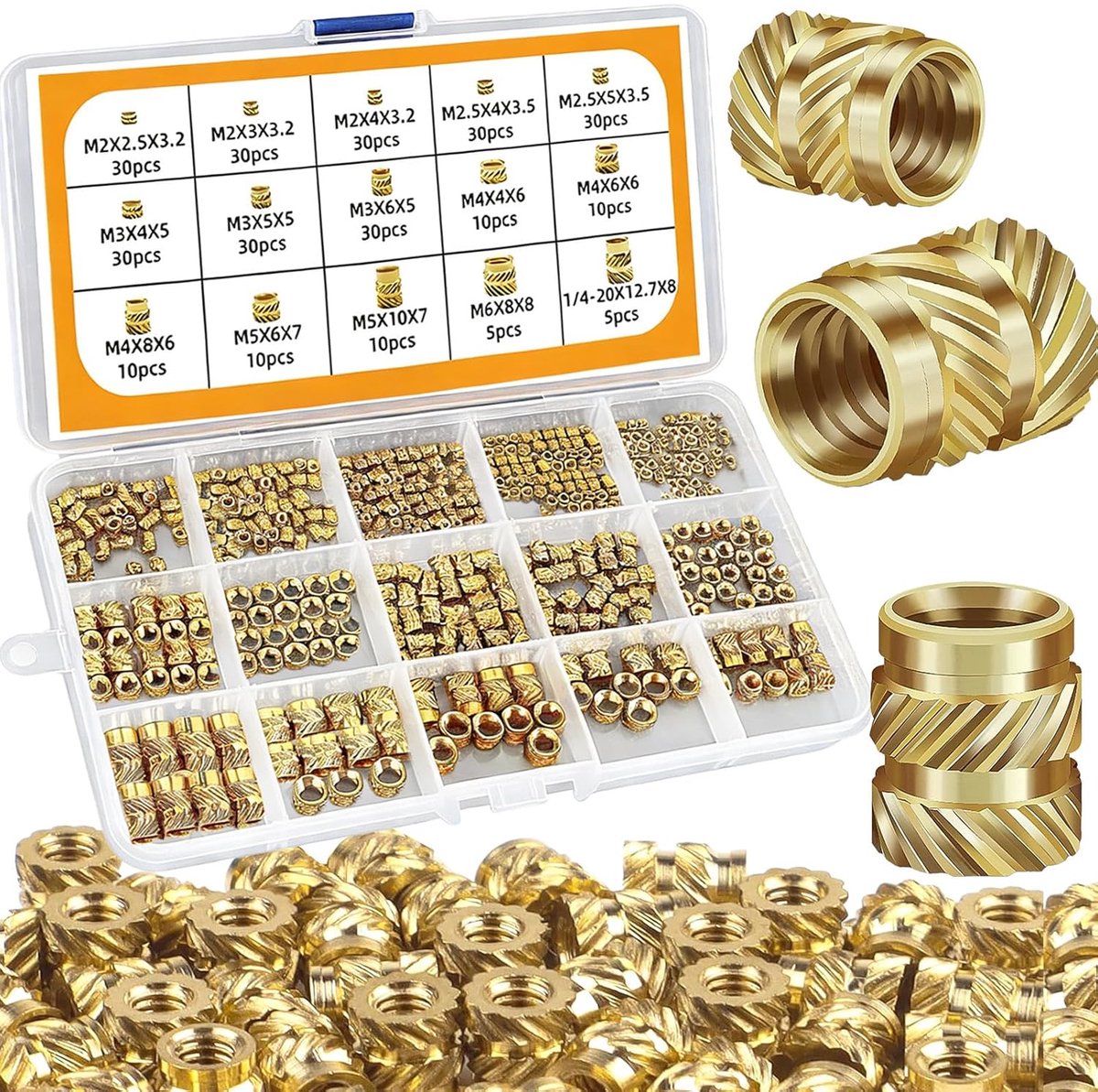 SnelShoppen - 300 Stuks Messing Draad Inserts M2 M2.5 M3 M4 M5 M6 met Plastic Doos, Messing Schroefmoeren met Geribbelde Rand Geschikt voor Kunststof