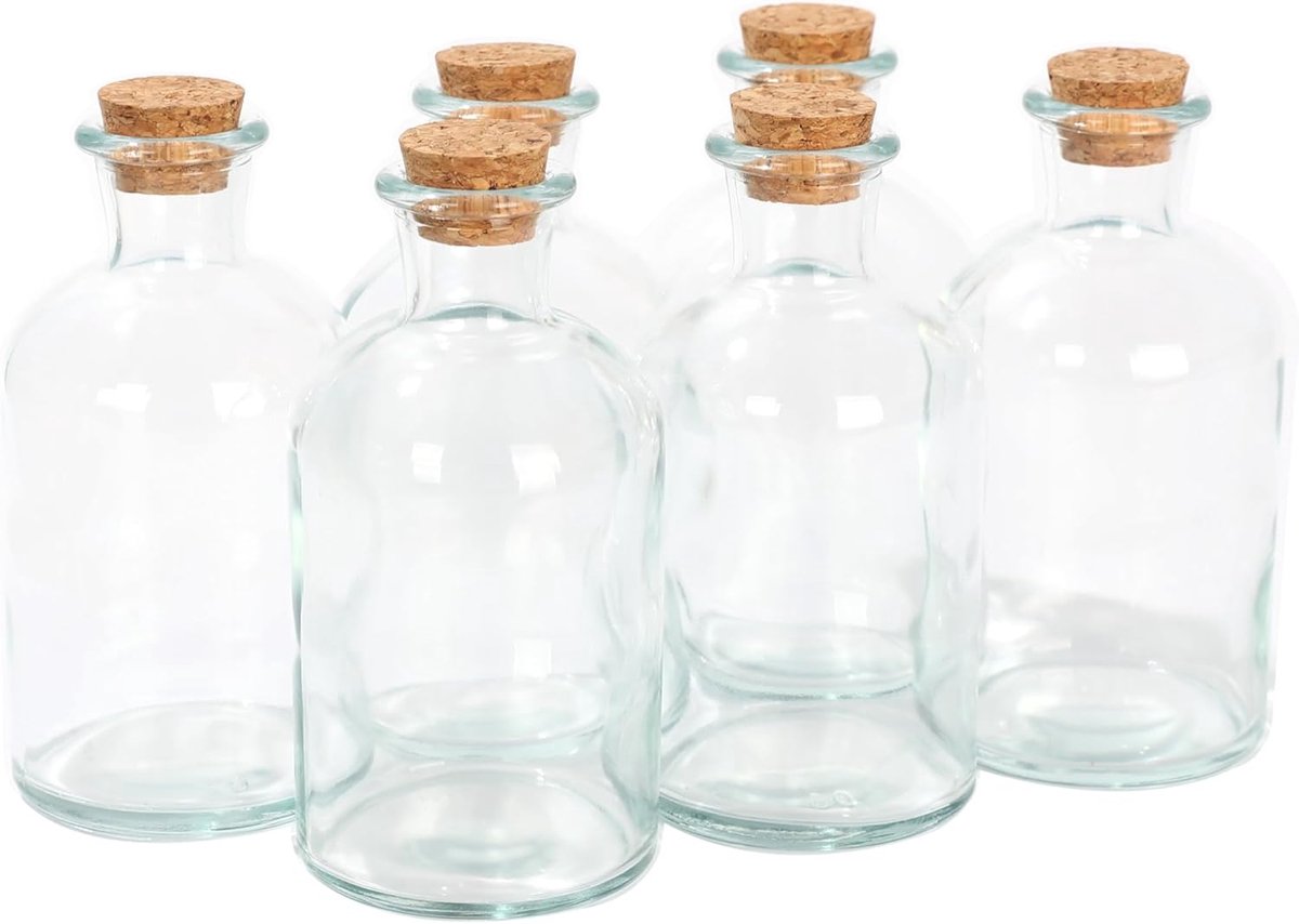 Magic Season Decorative Glass Bottles with Cork Stoppers (250ml Round Bottles, Set of 6) - ShopVlot