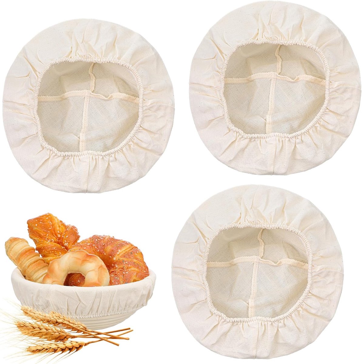 SnelShoppen - 3-delige Bäckerleinen Set voor Broodmand, Ronde Fermentatie Mand, Hoogwaardige Deegdoek van Katoen, Lichtbeige, Voor Perfecte Deegrijpin