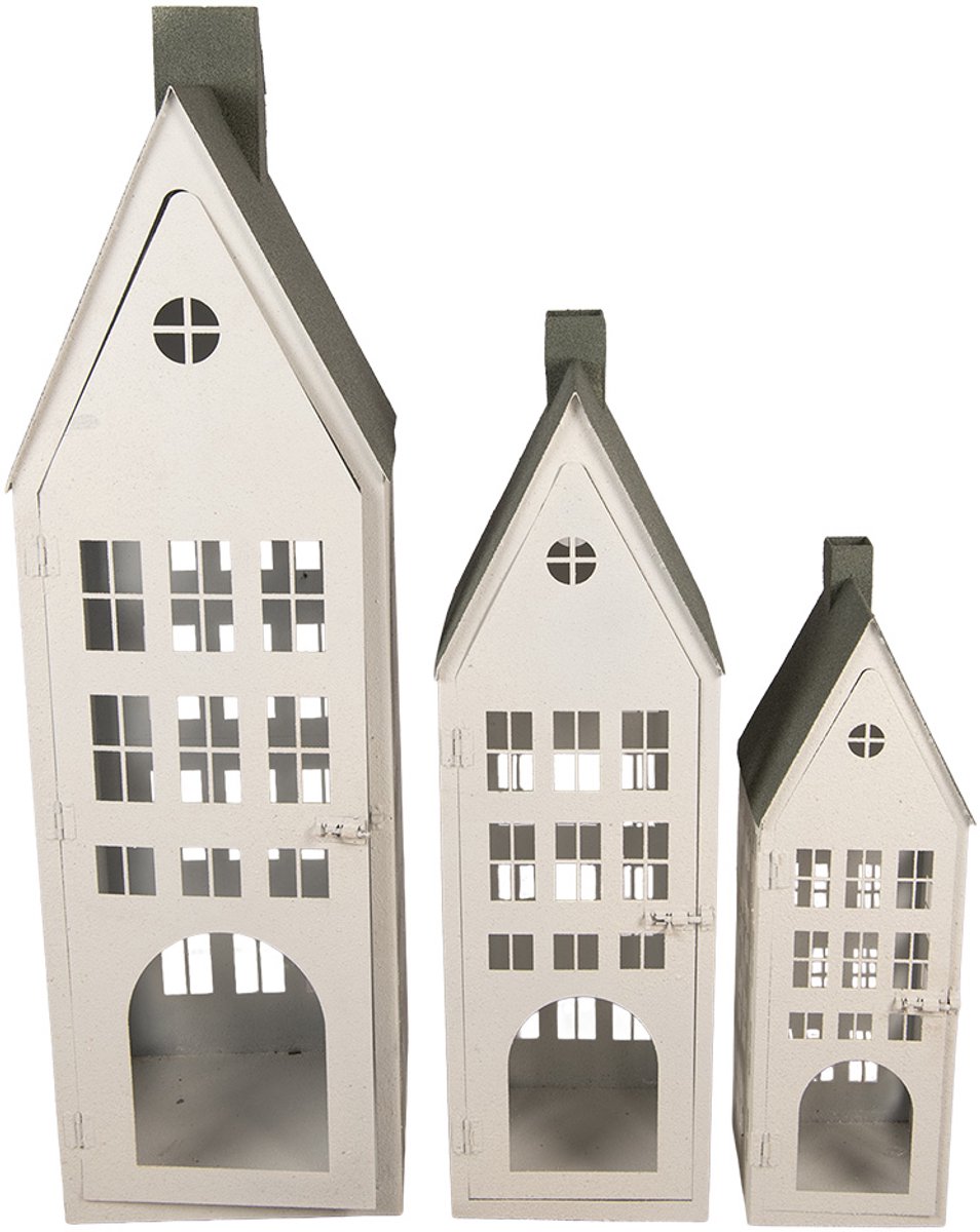 Clayre & Eef Decoratie Beeld Set van 3 Huis 38x38x142 / 26x26x105 / 18x18x63 cm Wit Metaal
