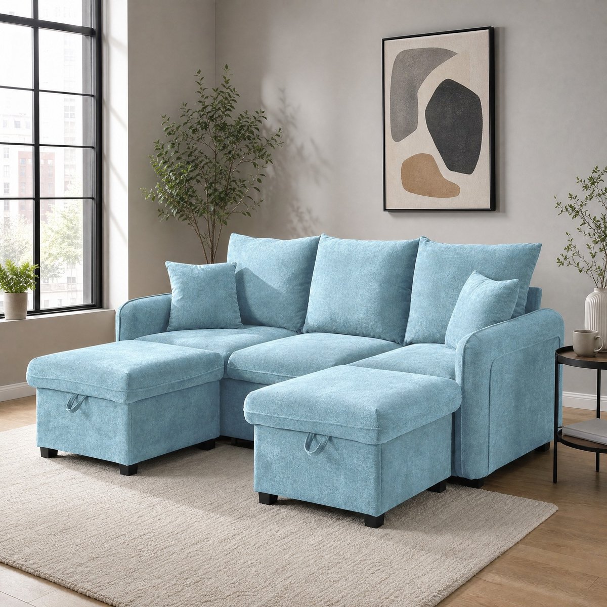 MODENUIT Hoekbank 3-Zits - Met Opberghockers En Slaapfunctie - Voor Woonkamer En Kleine Ruimtes - Chenille Blauw