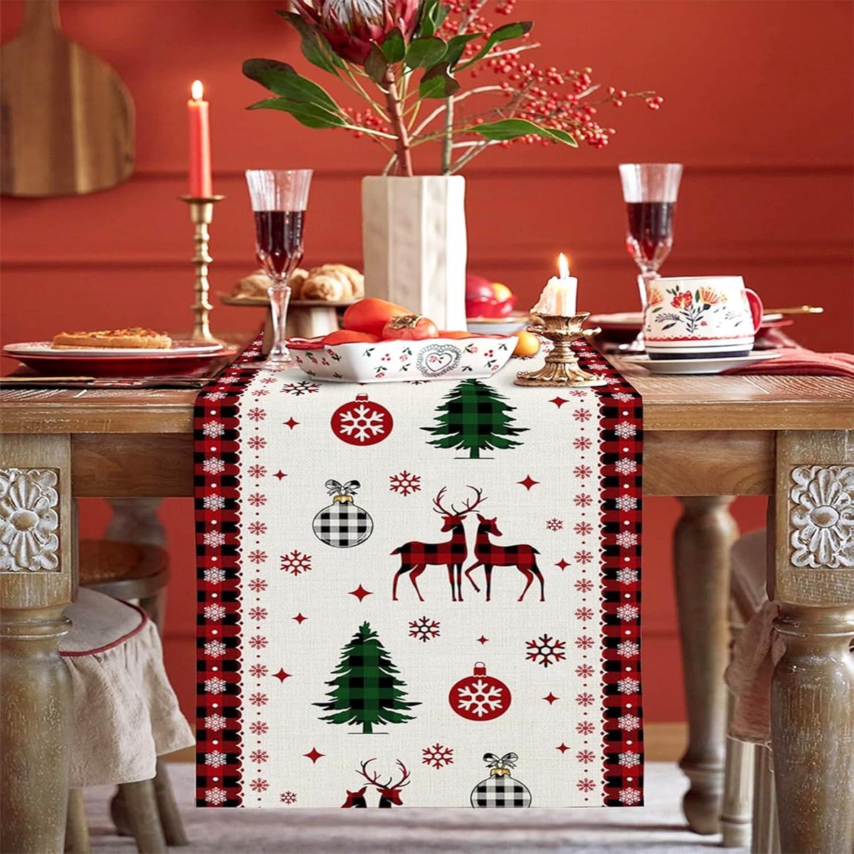 SnelShoppen - 17-in-1 Tafelloper voor Kerst en Vier Placemats, Glazenmarkers, Feestelijke Tafelkleed, Tafeldecoratie, Kerstdecoratie voor Feesten en P
