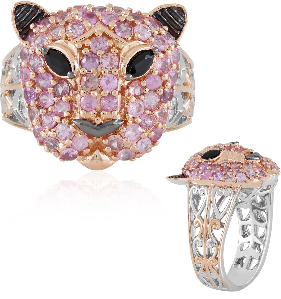 Cavill - Zilveren ring met zwarte spinel marquise & roze saffier - 925 Sterlingzilver met palladium - Luipaardmotief & zirkonia - Damesring