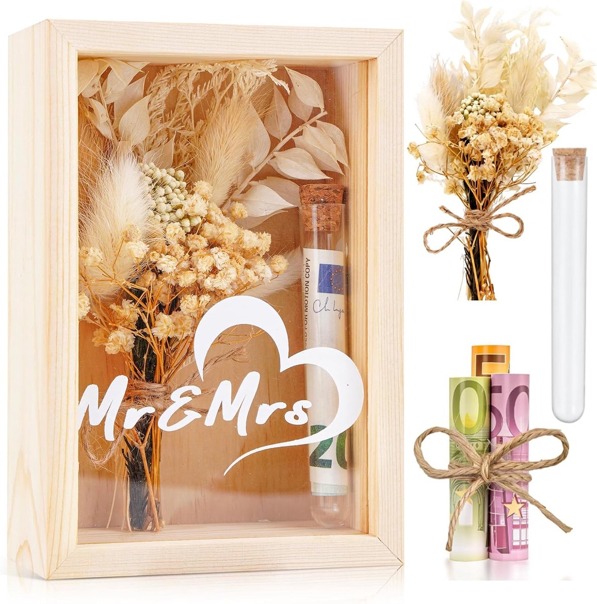 SnelShoppen - Huwelijksgeschenkdozen, Bruiloft Geldgeschenkset met Houten Doos, Gedroogde Bloemen en Proefslangen, Uniek Geschenk voor Bruidspaar, Mr.