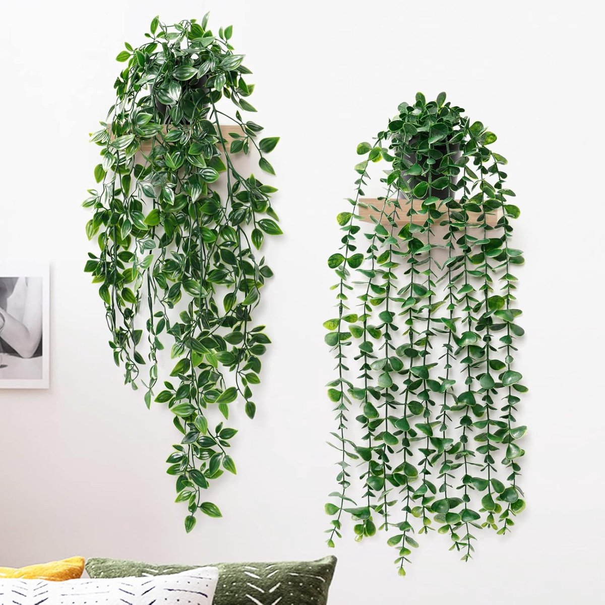 SnelShoppen - Pack van 2 Kunstmatige Hangplanten Eucalyptus Bladeren met Potten 50 cm Lang, Onderhoudsvrije Planten voor Binnen en Buiten, Decoratie v