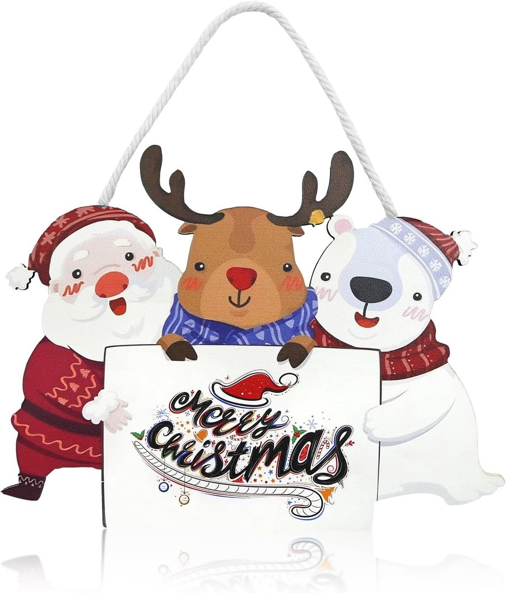 Merry Christmas Hanging Signs Wooden Front Door Sign Santa Elk Polar Bear Christmas Party Wreath Pendant for Christmas - ShopVlot