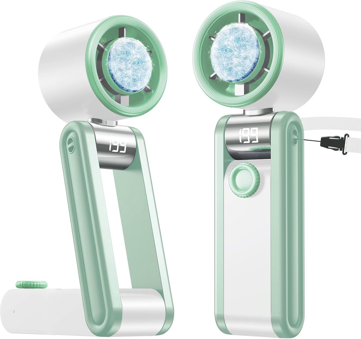 Draagbare, opvouwbare ventilator met ijskoeling, 199 instelbare snelheden, handventilator met standaard, 5500 mAh oplaadbare persoonlijke ventilator met digitaal display en draagkoord, onmisbaar voor de zomer: reizen, kantoor, buiten, wit