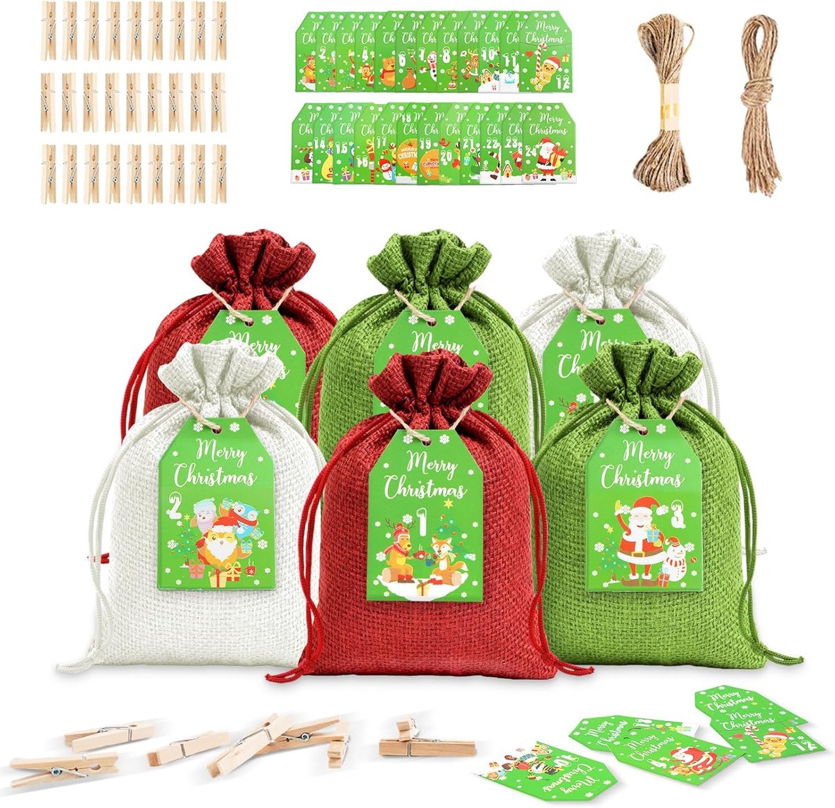 SnelShoppen - Pack van 24 Adventskalender voor Vullen, Kerstdecoratie, 14 x 10 cm, Stoffen Adventskalender, DIY met Nummerclip, Jute Touw