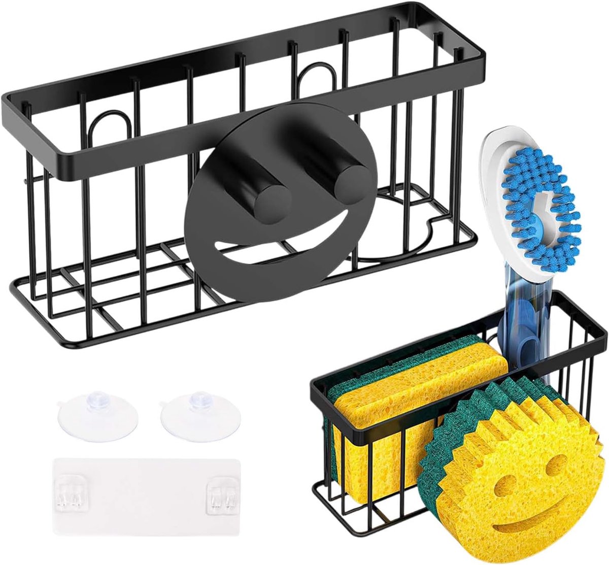 SnelShoppen - Keuken Caddy Spons Houder voor Aanrecht Rvs Rek met Hoge Borstelhouder Smiley Gezicht Spons Haak Handdoek Houder en Verdeler Organizer v