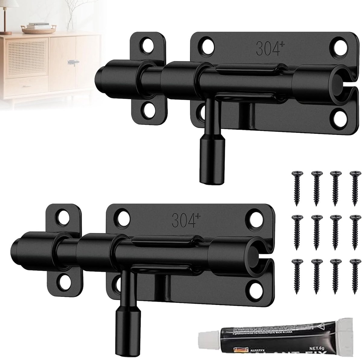 SnelShoppen - 2 Stuks RVS Deursluitingen, Zwarte Deursloten Voor Binnen, 304 RVS Deursluitingen, Schuifbouten Voor Deuren en Ramen, Roestvrij en Corro