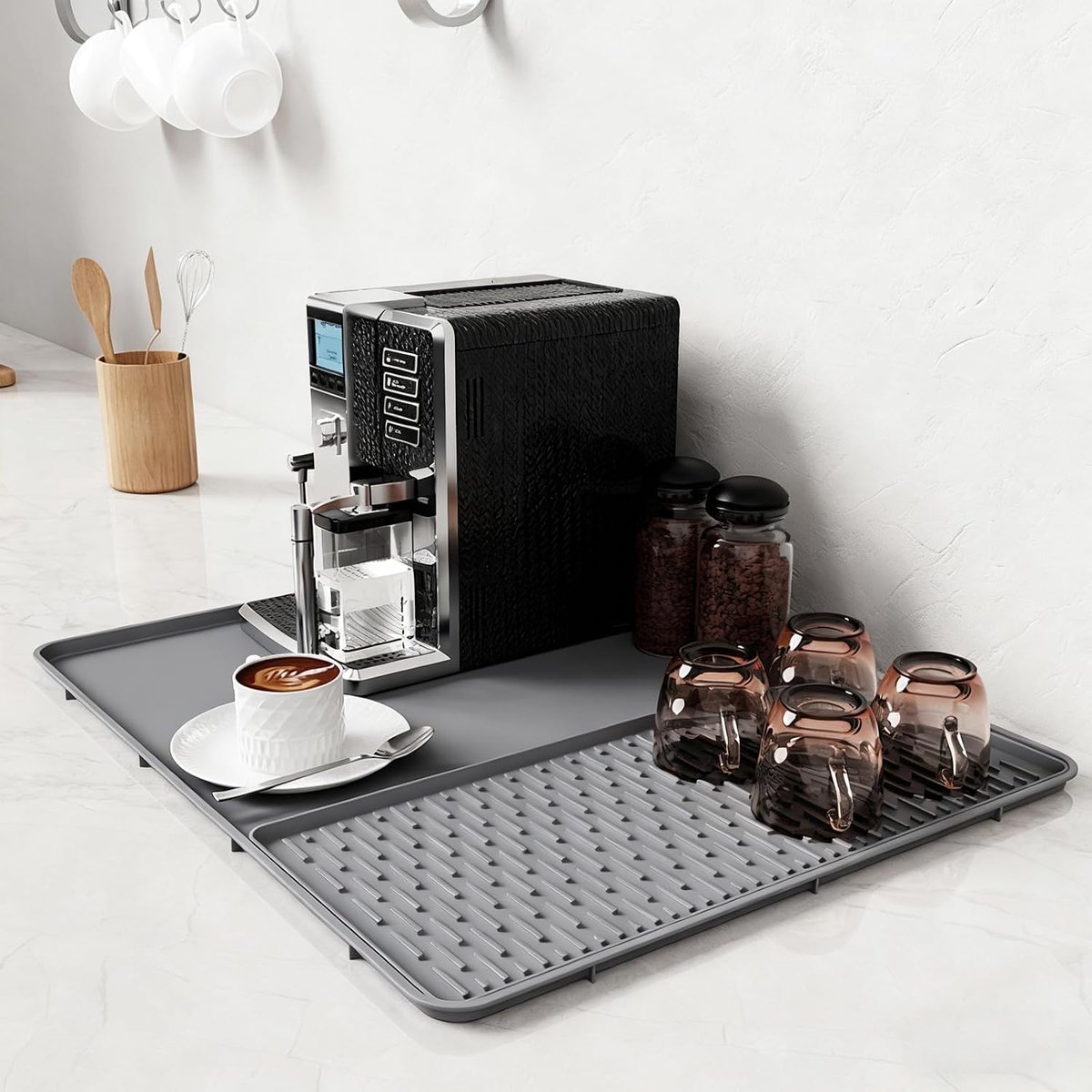 SnelShoppen - 2-in-1 Koffiemaker met Siliconen Koffiemat, 60 x 40 cm, Warmtebestendig, Makkelijk te Reinigen, Grijs, Voor Keuken en Droogruimte
