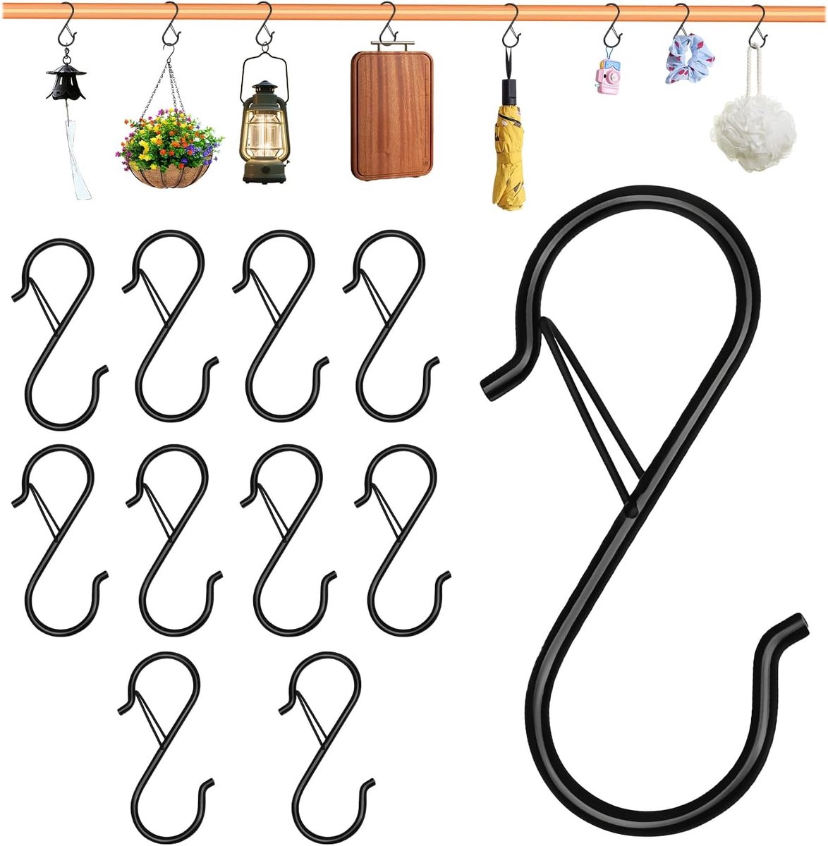 SnelShoppen - 10 Stuks Zwarte S-Haak met Veiligheidssluiting, Stevige Metalen S-Vormige Haken voor Keuken, Kasten, Planten, Potten, Gereedschap, Kledi