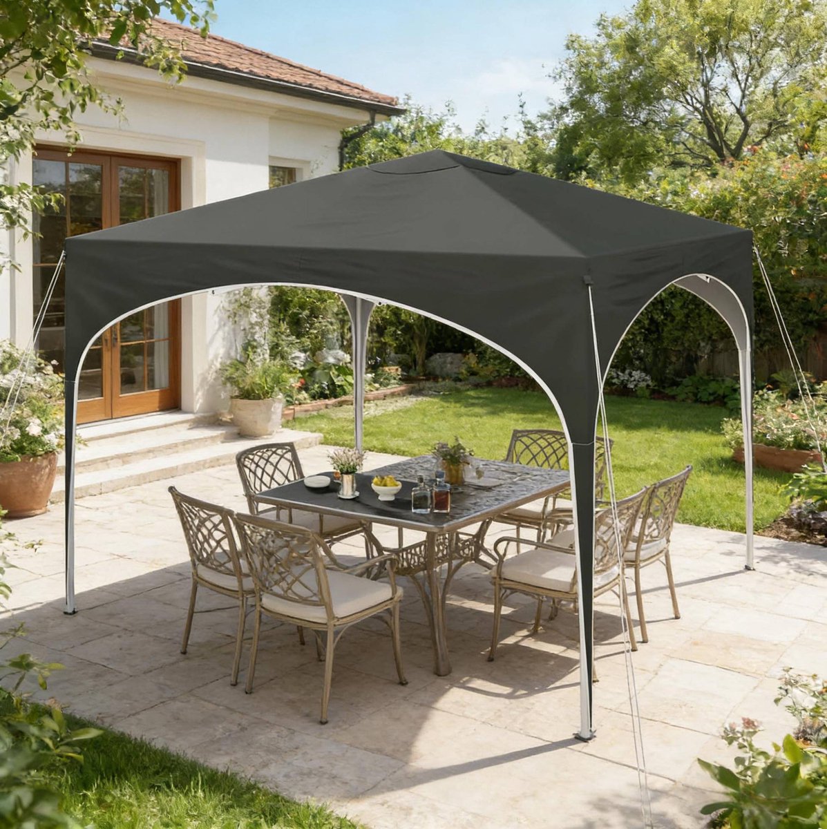 Partytent Paviljoen 300 x 300 cm Verstelbare Hoogte Oxford 210D Metaal Grijs Opvouwbaar Voor Tuin En Terras