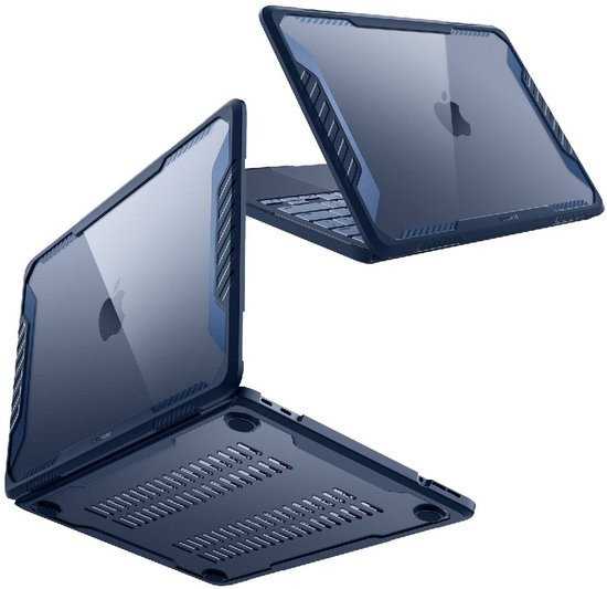 MacBook Neo avec housse de protection indigo, vu sous deux angles. Ouvert avec un couvercle transparent et une bordure bleu marine.