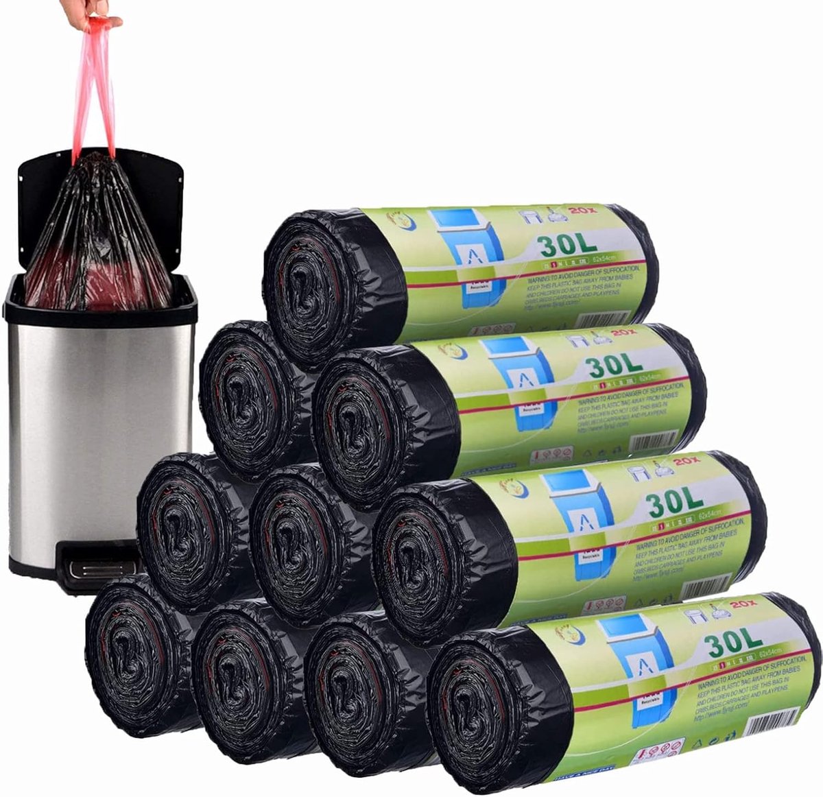 SnelShoppen - 200 Afvalzakken 30L met Trekkoord 10 Stuks 54x62cm Zwart | 30 Liter Vuilniszakken voor Keuken en Kantoor, Lekvrije Bodem en Handvat