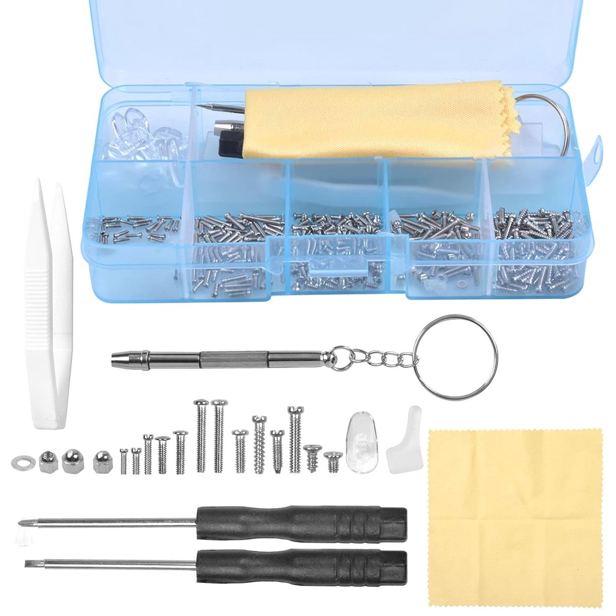 SnelShoppen - 500 Stuks Bril Schroeven en Reparatieset met Mini Schroevendraaier, Silicone Neuspads, Pincet, en Gereedschap voor Zonnebrillen, Horloge