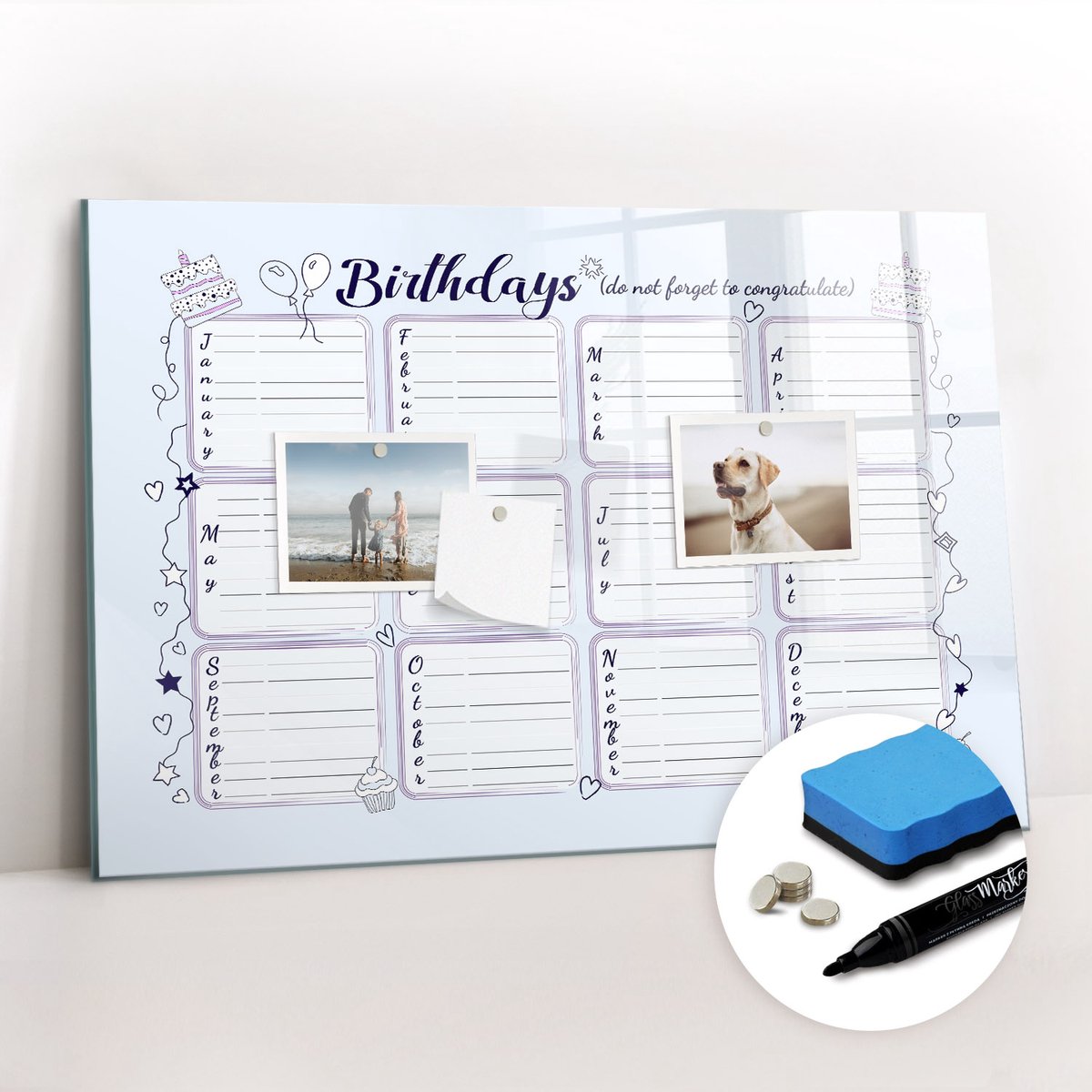Tulup Whitebord - Verjaardagsbericht - 60 x 40 cm - Blauw Magnetic Board - Gratis 5 Sterke Magneten + Whiteboard Marker & Wisser - Wanddecoratie Kantoor - Magnetisch Bord - Inspiratiebord Kantoor