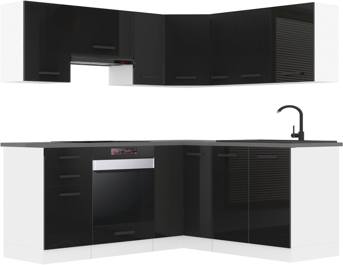 BELINI L-Vorm Keukenblok SARAH - Keukenmeubel Set 320 cm Zwart Hoogglans zonder Werkbladen - Boven- en Onderkasten