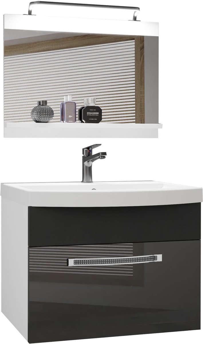 BELINI Badkamermeubel Set GLA PM 1 - Badmeubelset 60 cm Zilver/ Zwart, Hoogglans Mat met Wastafel, Spiegel en LED Lamp - Wandmontage