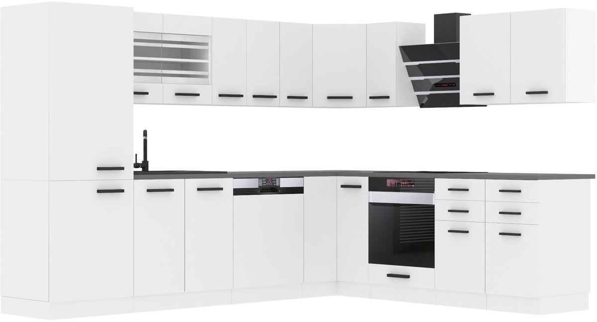BELINI L-Vorm Keukenblok JULIE - Keukenmeubel Set 460 cm Wit Mat met Werkbladen - Boven- en Onderkasten