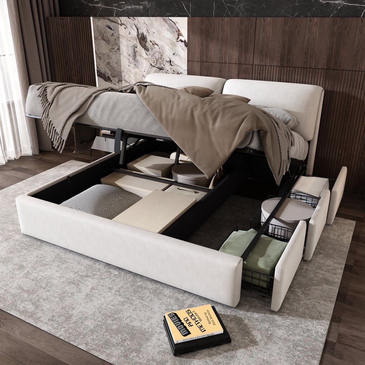 Gestoffeerd Bed 180x200 Cm - Hydraulisch Opbergbed Met Laden En Hoofdbord Beige Velvet