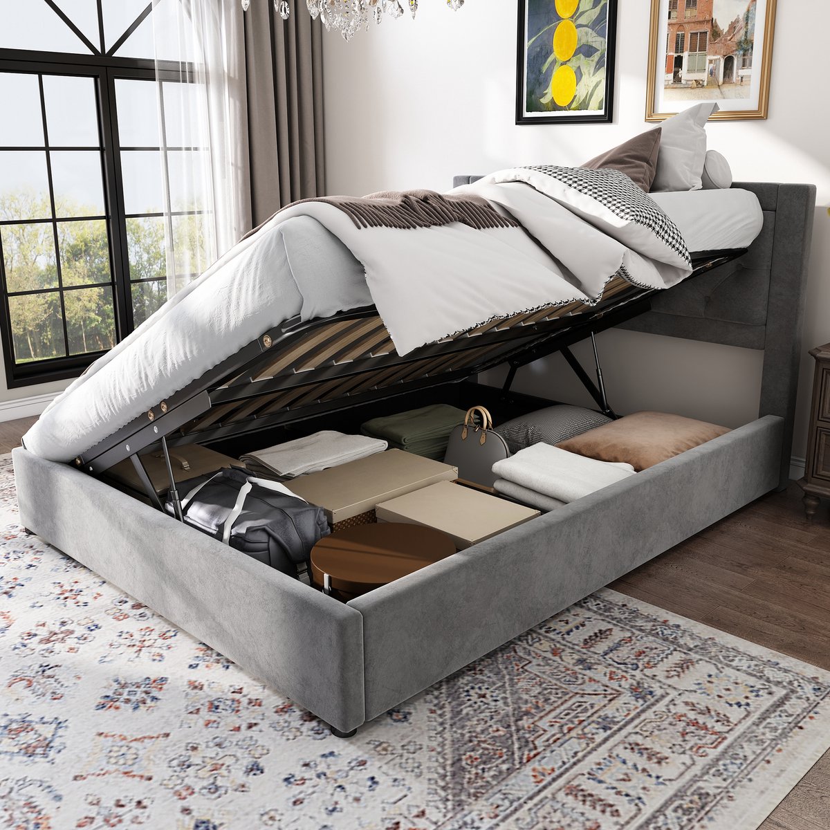 Stauraumbett Chesterfield - Samt - Gris - Doppelbett 140x200 cm