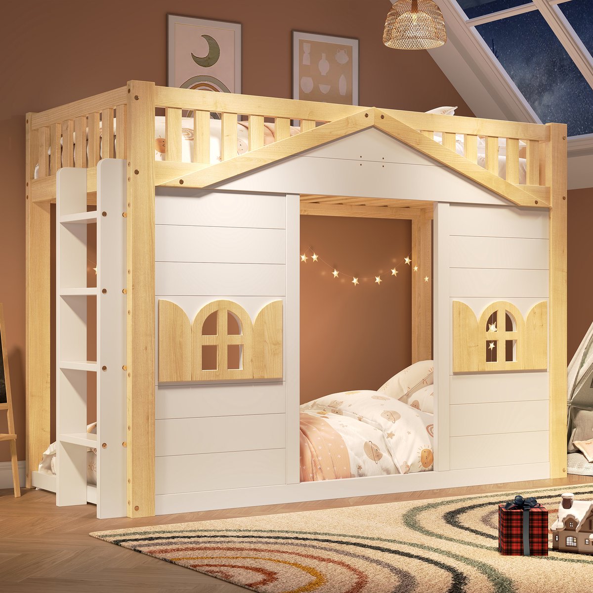 Etagenbed 90x200cm - Wit Naturel - Multifunctioneel Kindermeubel - 2 Pakketten