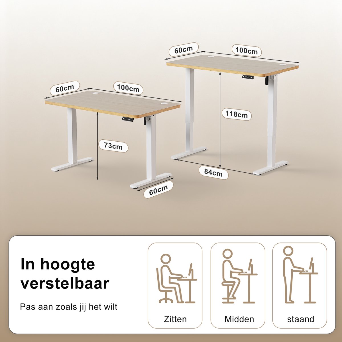 Devoko Elektrisch Verstelbaar Zit-Sta Bureau 100x60 cm Breed – Hoogte 73–118 cm – 2 Geheugenstanden, Zit-Herinnering, LED-Display en USB – Draagvermogen 70 kg – Beige thumbnail 2