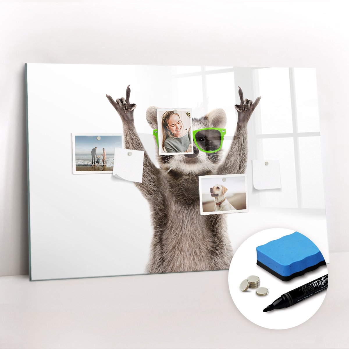 Tulup Whitebord - Wasbeer met bril - 90 x 60 cm - Veelkleurig Memo Bord - Gratis 5 Sterke Magneten + Whiteboard Marker & Wisser - Organizer Muur - Magneetbord Rechthoekig - Organiseer Je Bureau