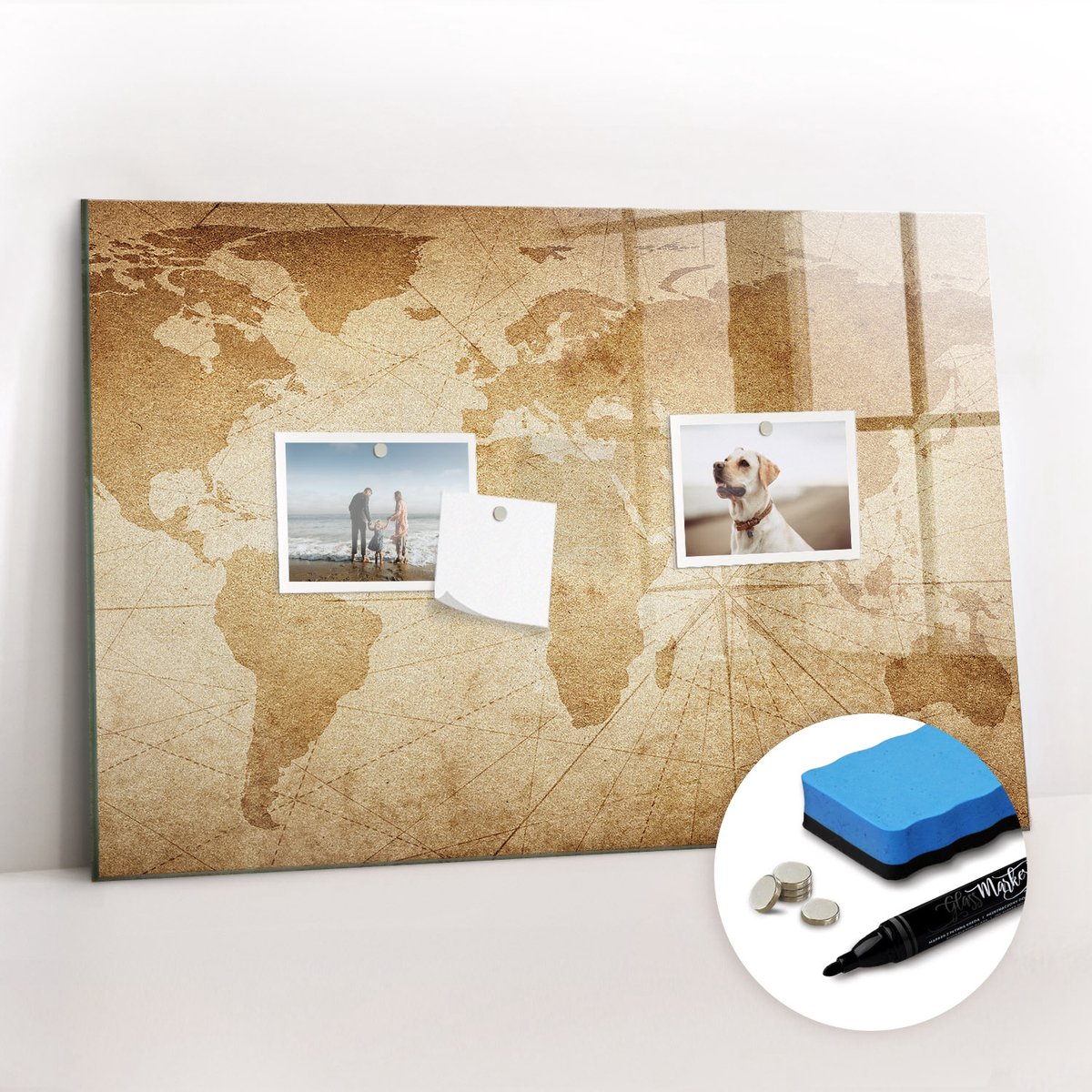 Tulup Whitebord - Vintage retro wereldkaart - 60 x 40 cm - Bruin Magnetisch Bord Kind - Gratis 5 Sterke Magneten + Whiteboard Marker & Wisser - Industrieel Wandbord - Memo Bord - Inspiratiebord Kantoor