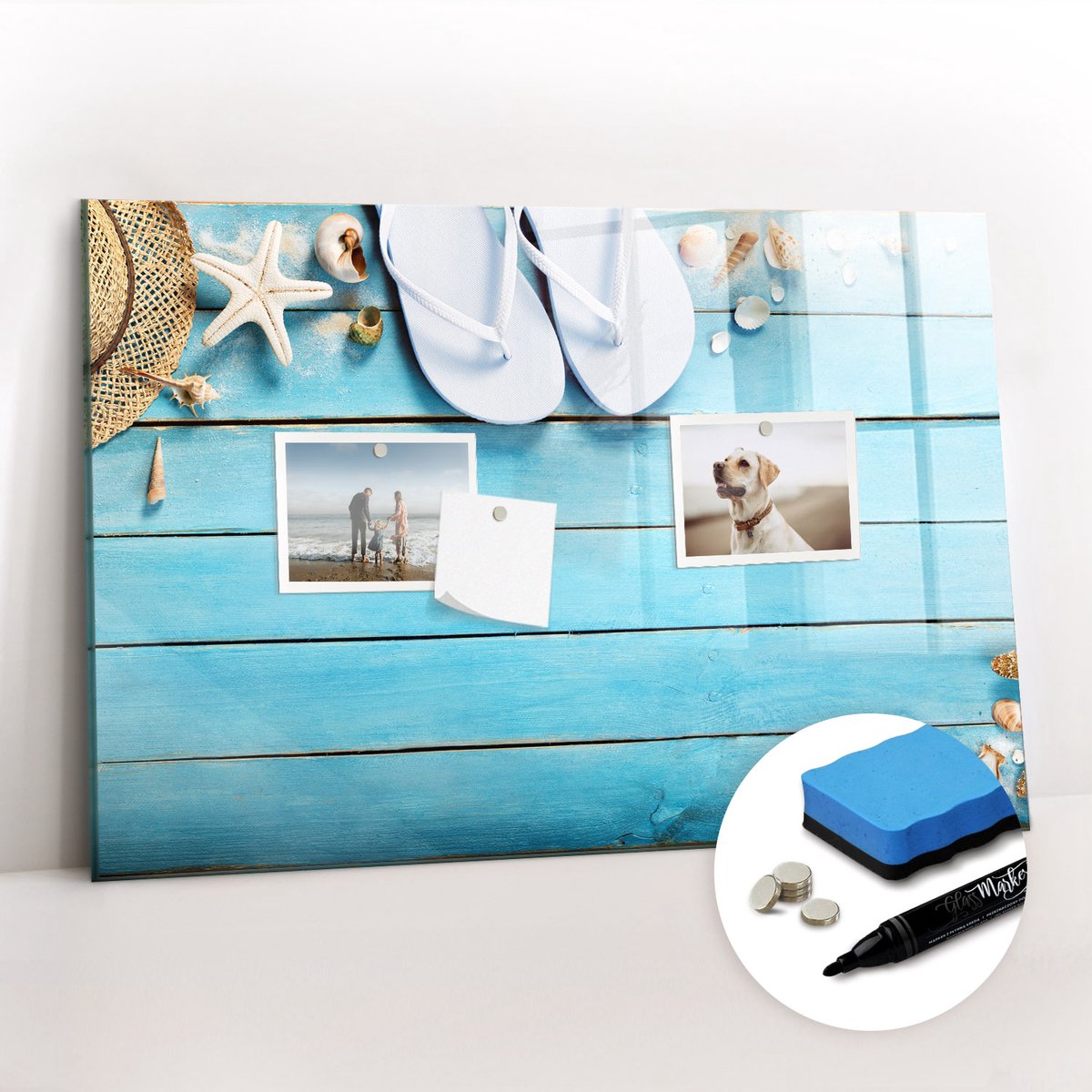 Tulup Whitebord - Zomerse strandaccessoires - 60 x 40 cm - Blauw Foto Magneetbord - Gratis 5 Sterke Magneten + Whiteboard Marker & Wisser - Minimalistisch Prikbord - Magnetisch Bord Kind - Planning Muur