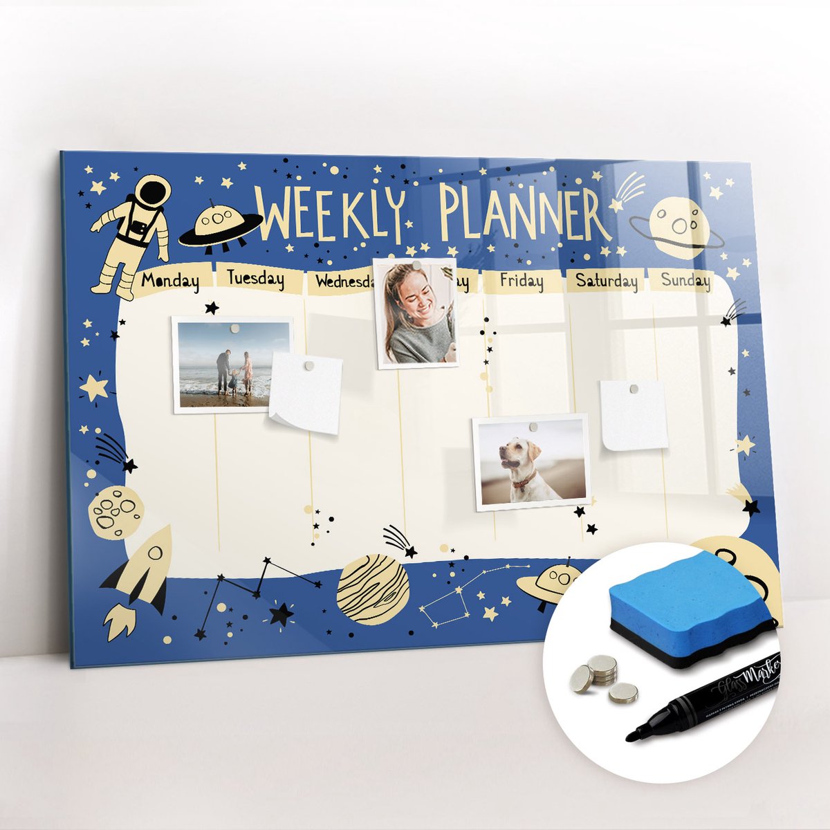 Tulup Whitebord - Ruimteplanner - 90 x 60 cm - Blauw Magnetisch Bord Kind - Gratis 5 Sterke Magneten + Whiteboard Marker & Wisser - Organizer Muur - Foto Magneetbord - Notitiebord Werkplek