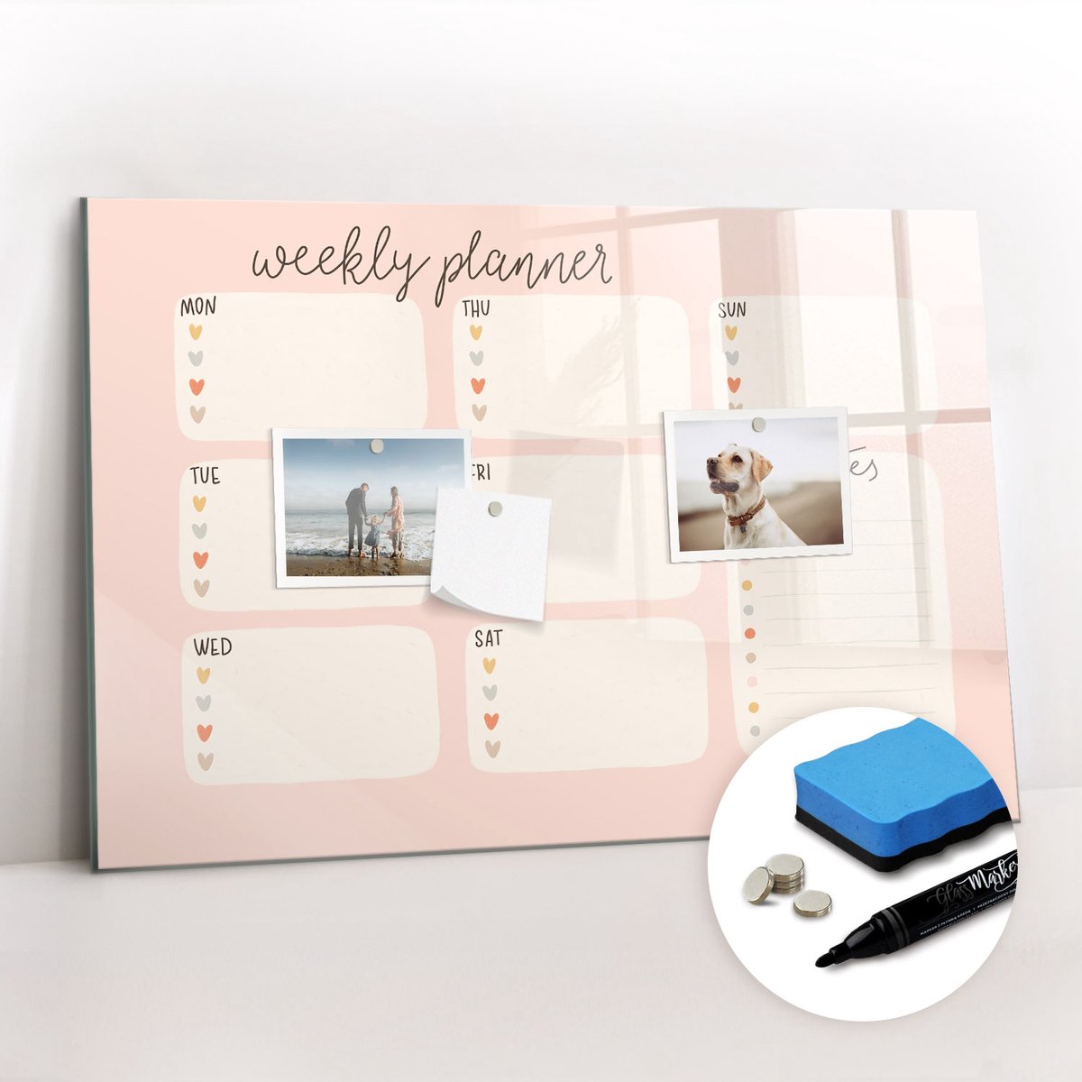 Tulup Whitebord - Een fijne weekplanner - 60 x 40 cm - Roze Magnetisch Bord Kind - Gratis 5 Sterke Magneten + Whiteboard Marker & Wisser - Moderne Wanddecoratie - Magnetisch Bord Kind - Notitiebord Werkplek