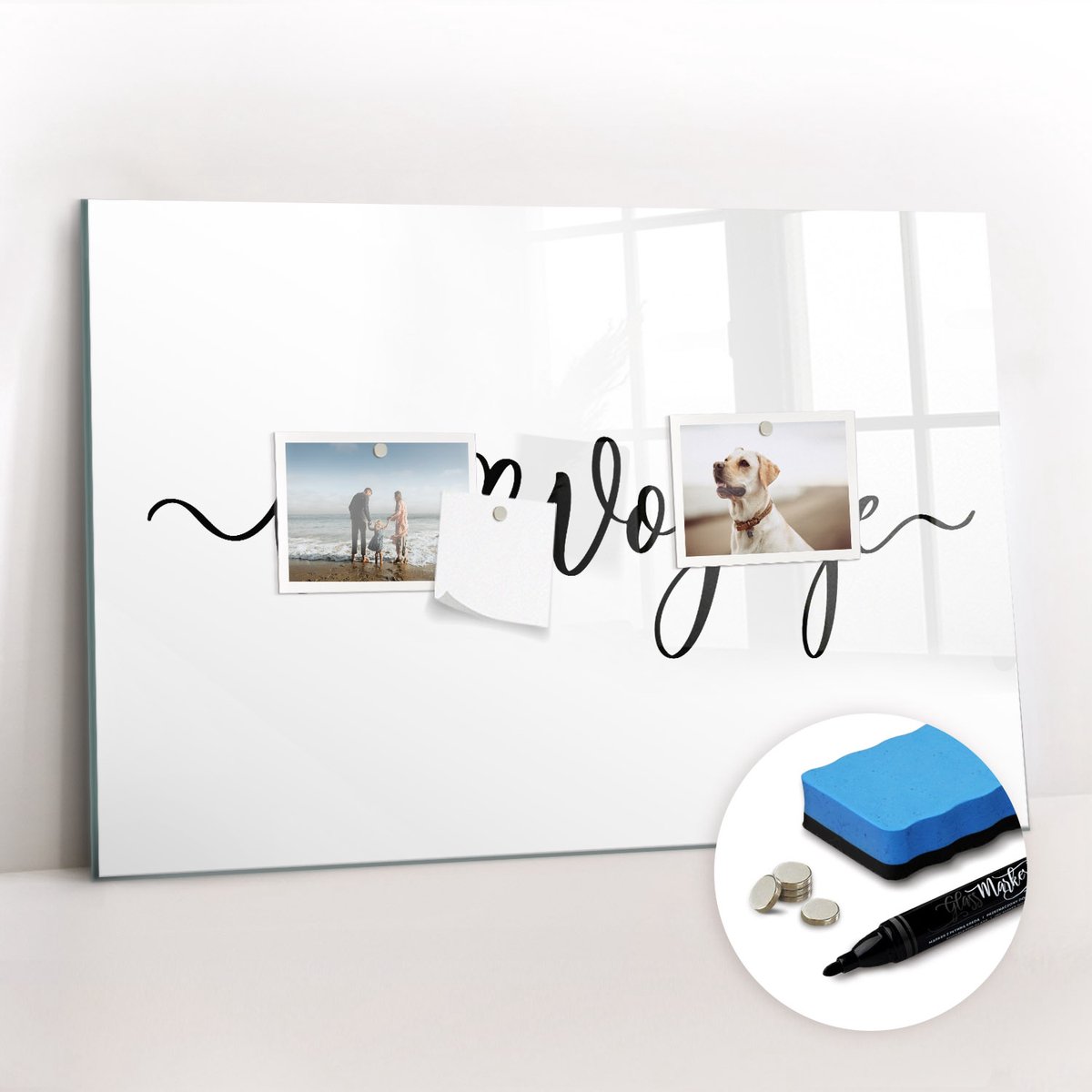 Tulup Whitebord - De inscriptie 'goede reis' - 60 x 40 cm - Zwart-wit Memobord Keuken - Gratis 5 Sterke Magneten + Whiteboard Marker & Wisser - Stylish Memo Board - Memobord Keuken - Notitiebord Werkplek