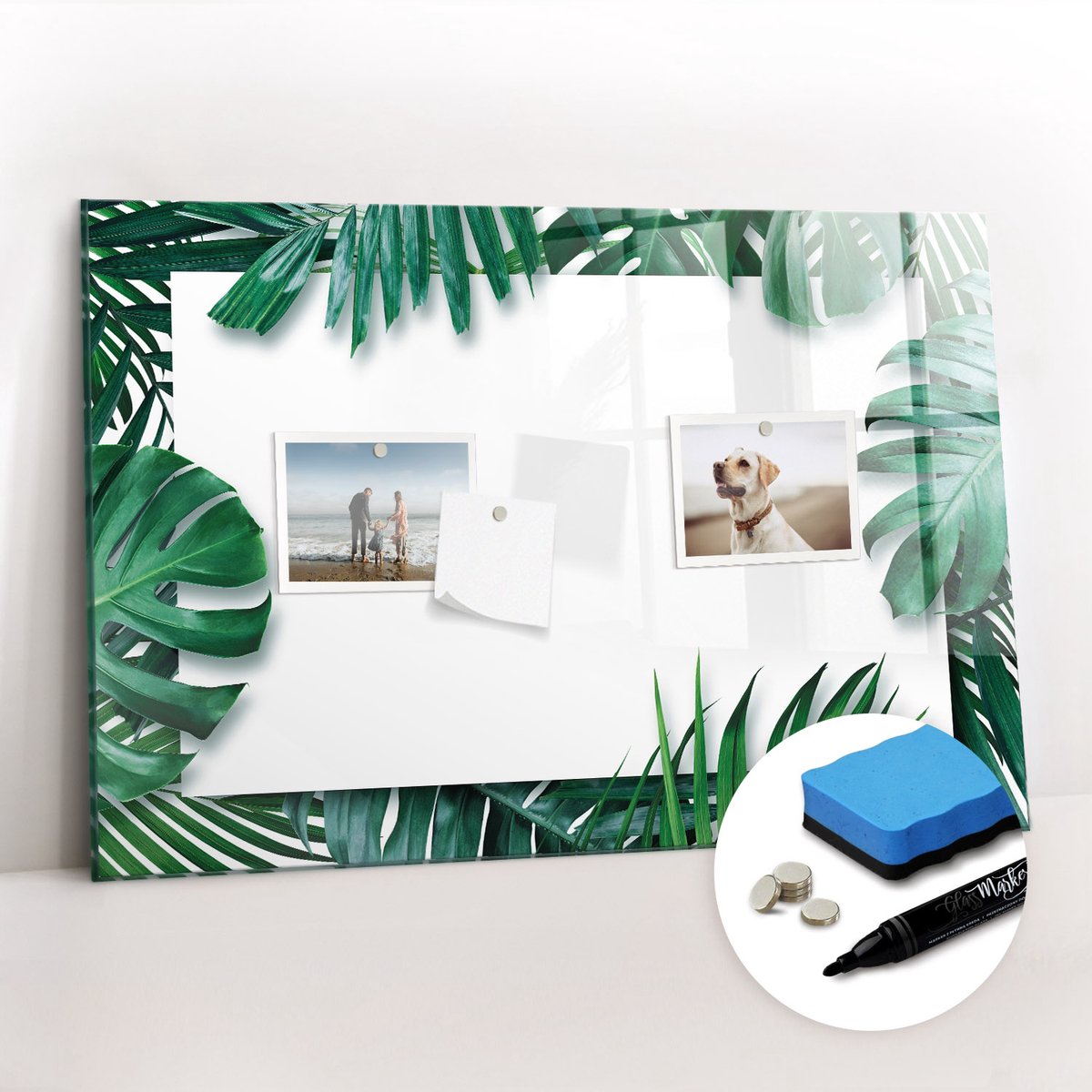 Tulup Whitebord - Tropische monstera-bladeren - 60 x 40 cm - Groente Magneetbord Foto - Gratis 5 Sterke Magneten + Whiteboard Marker & Wisser - Design Memobord - Magneetbord Design - Inspiratiebord Kantoor