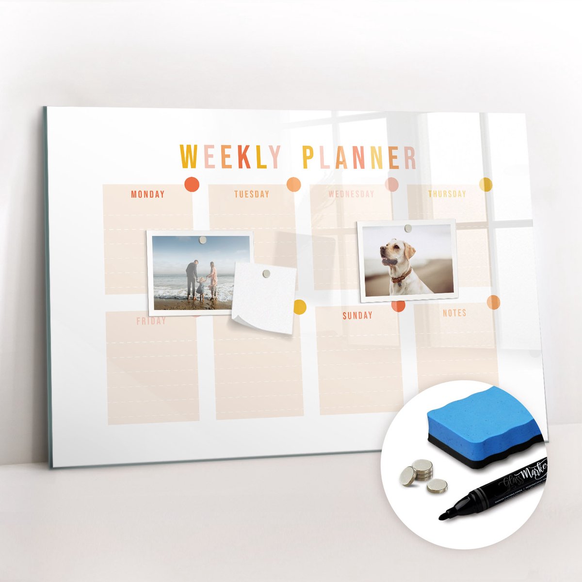 Tulup Whitebord - Weekplanner voor thuis - 60 x 40 cm - Wit Magneetbord Rechthoekig - Gratis 5 Sterke Magneten + Whiteboard Marker & Wisser - Scandinavisch Design Bord - Memobord Glas - Notitiebord Werkplek