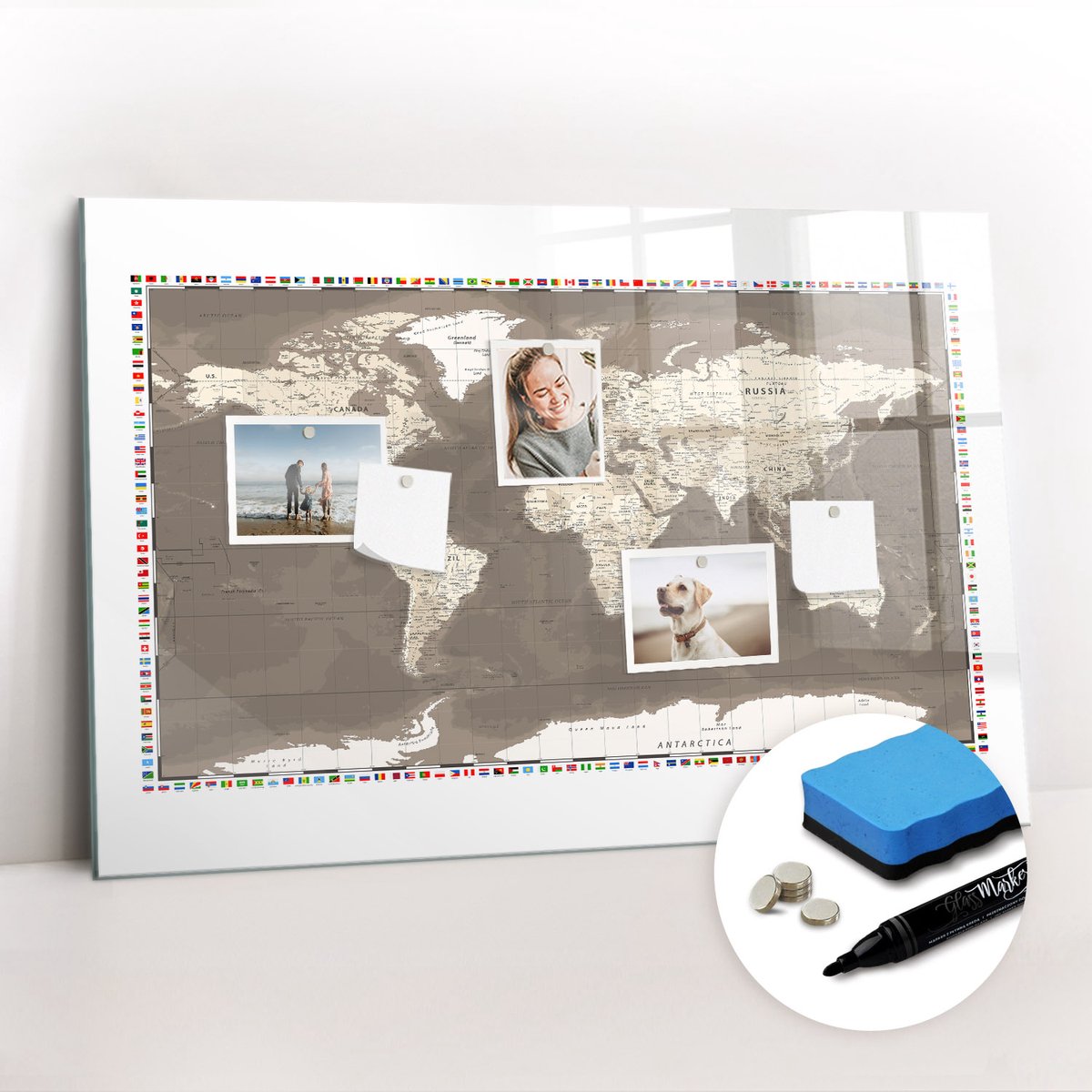 Tulup Whitebord - Bruine wereldkaart - 90 x 60 cm - Bruin Magnetisch Memobord - Gratis 5 Sterke Magneten + Whiteboard Marker & Wisser - Wanddecoratie Kantoor - Magneetbord Foto - Ideeënbord Thuiswerkplek