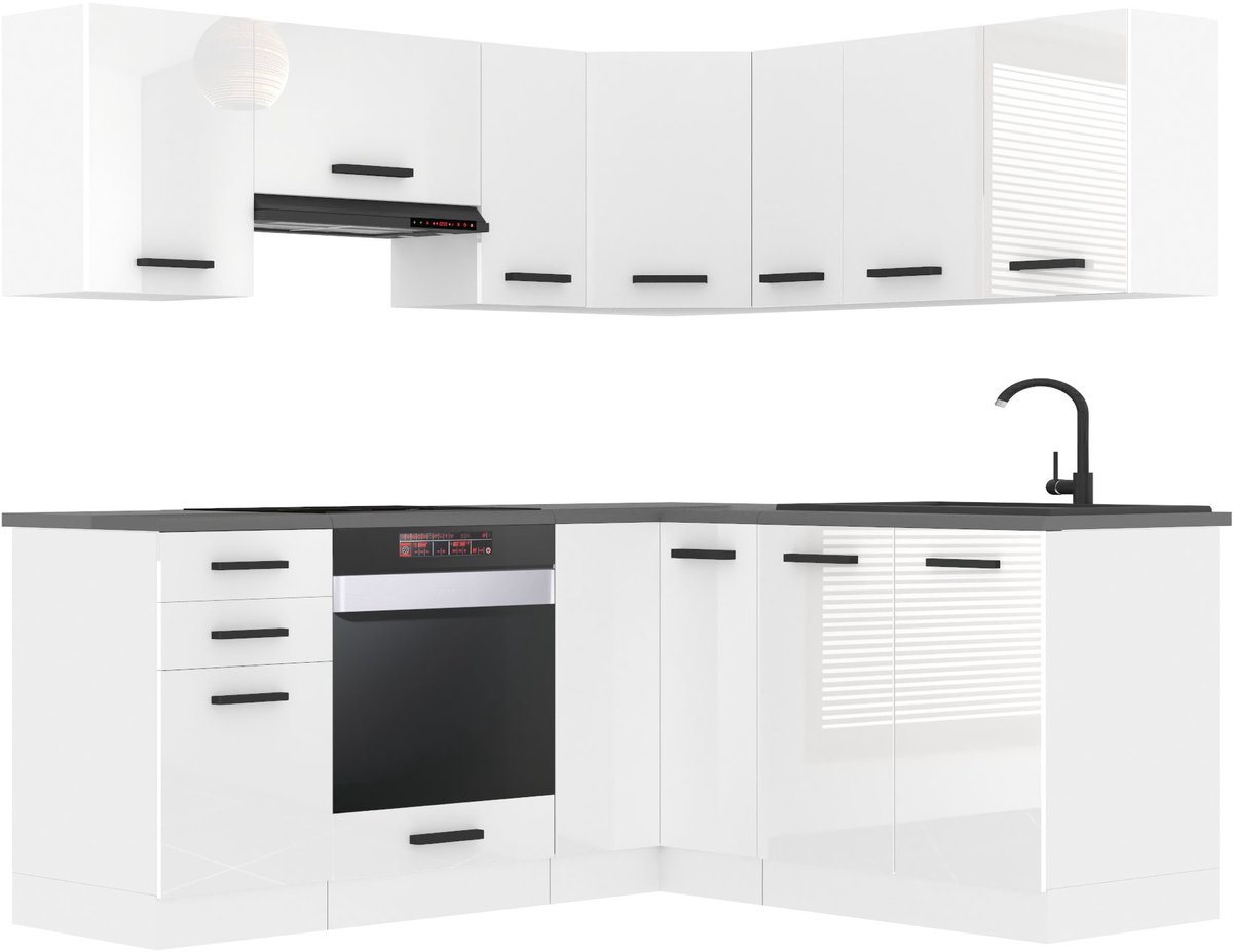 BELINI L-Vorm Keukenblok SARAH - Keukenmeubel Set 320 cm Wit Hoogglans met Werkbladen - Boven- en Onderkasten