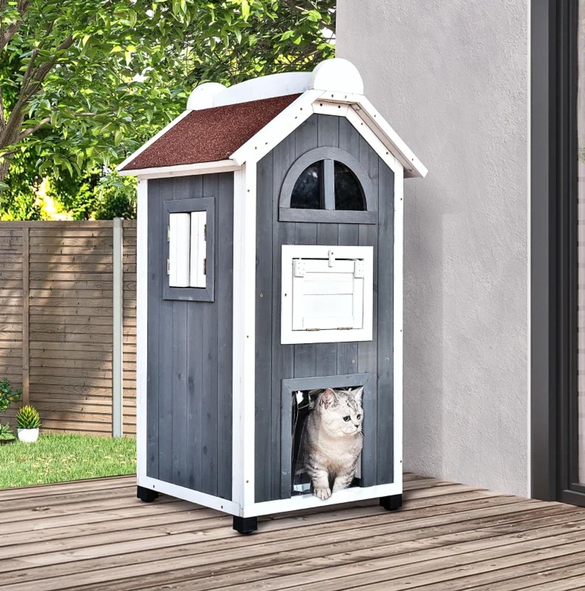 COVREO Kattenhuis 59x55x109 cm grijs, hout met asfaltdak voor binnen en buiten