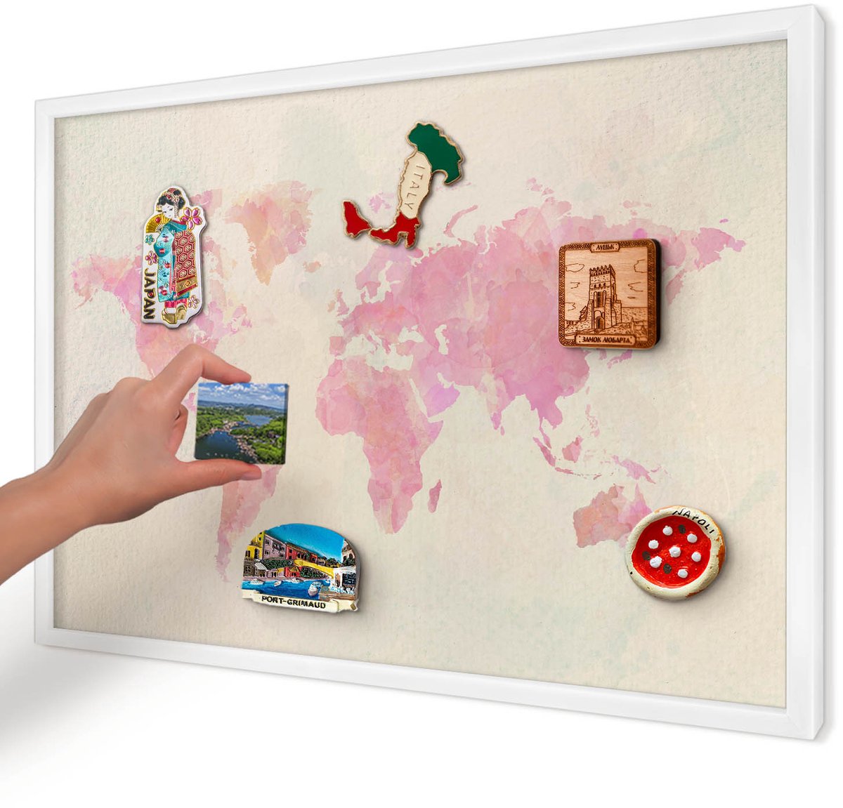 Artprintcave Roze Magneetbord mit Witte Lijst - 60x40 cm - Wereldkaart Bord Voor Magneten - Waterverf Magneet Bord mit Frame - Kaarten