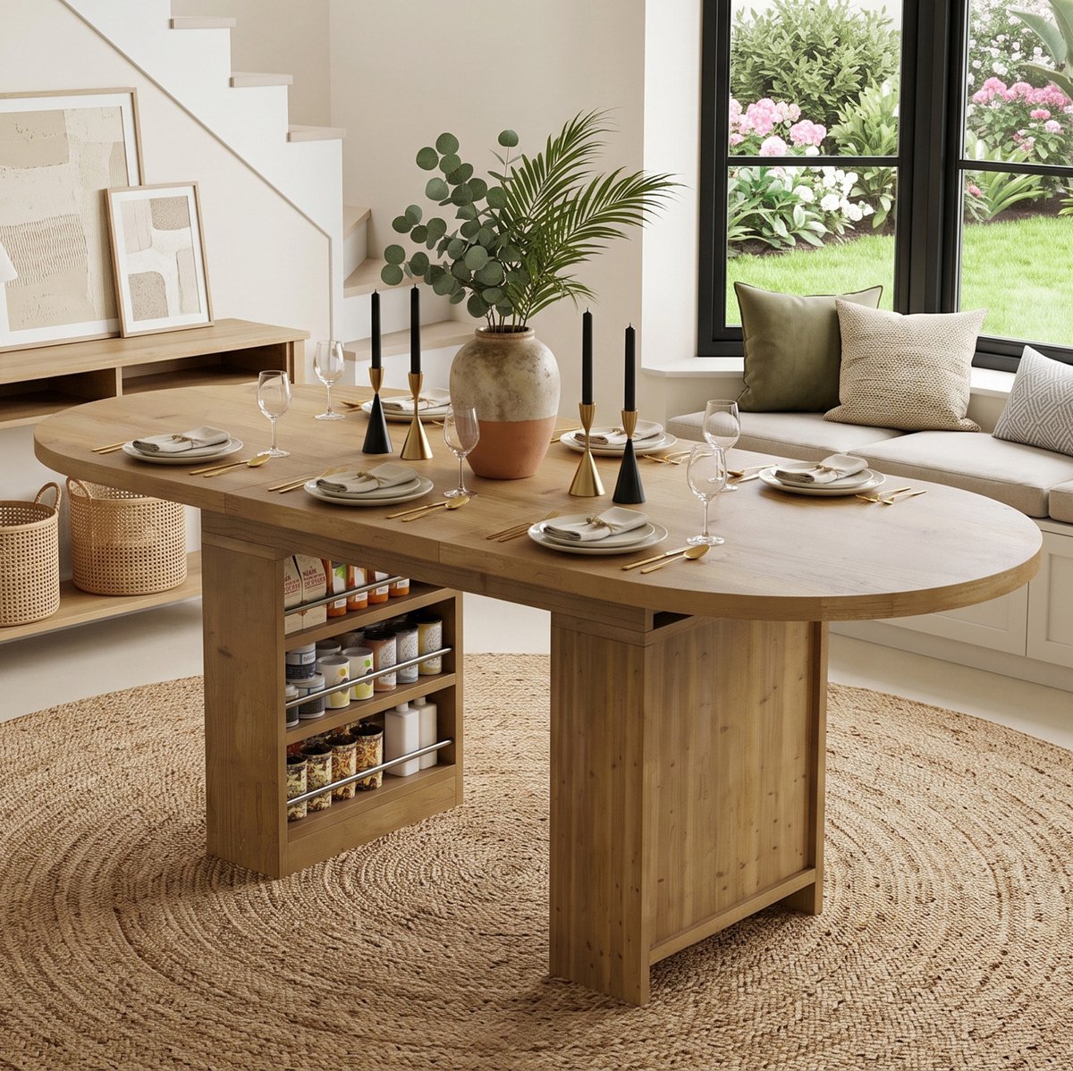 FloraGrace Eettafel - Uitschuifbaar Met Opbergruimte - Scandinavisch Design Voor Eetkamer En Familie - MDF - Eikenkleur - 150/200x90x76 Cm