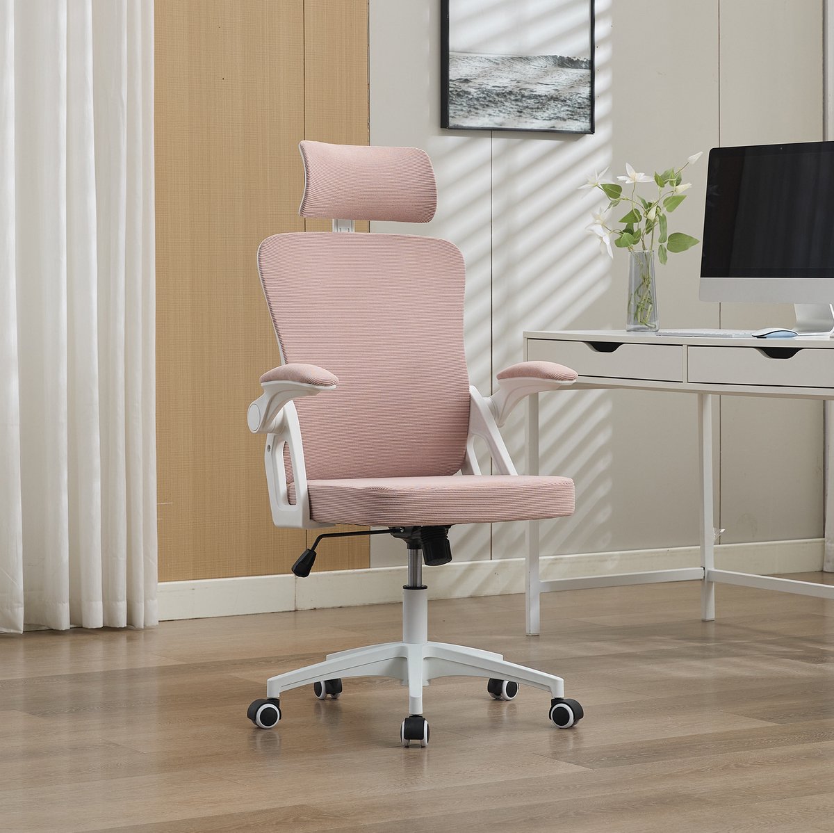 REDOM - Bureaustoel - Ergonomisch ontwerp - Net rugleuning met lendensteun - Hoofdsteun en armleuningen - Voor kantoor en thuiswerk - Mesh - Roze - 128 x 65 x 58 cm