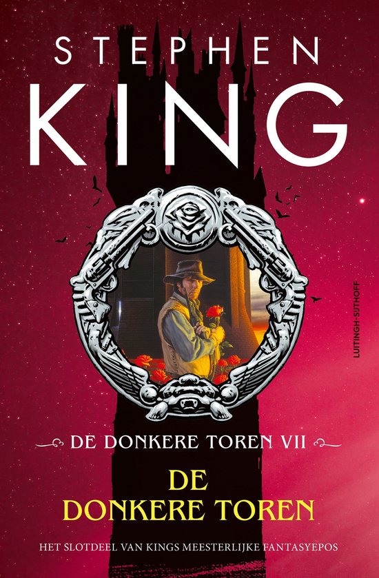 Boekcover met Stephen King's "De Donkere Toren VII - De Donkere Toren" in rode en zwarte tinten. Een man in westernkleding met hoed en roos staat centraal in een medaillon.