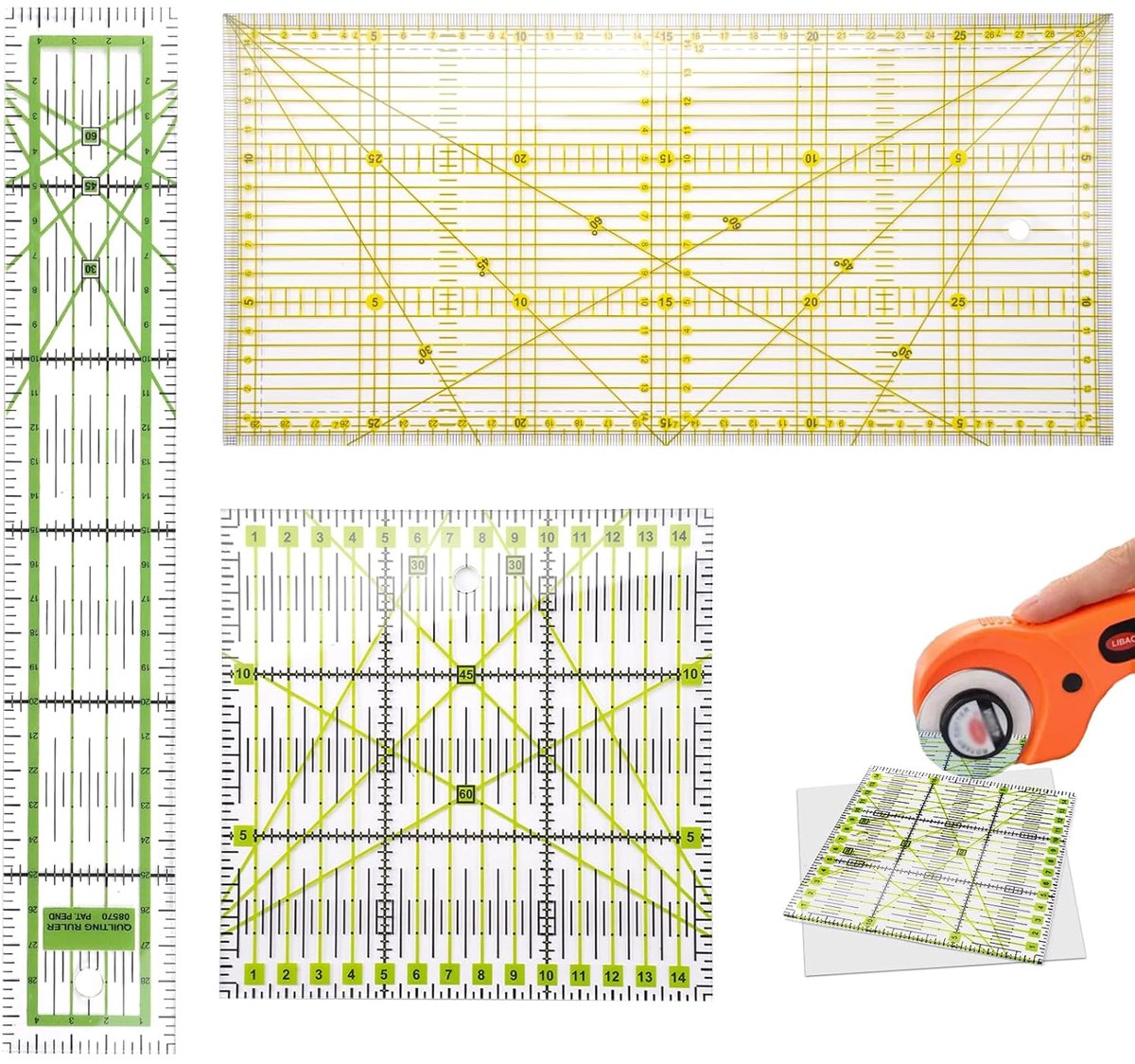 SnelShoppen - 3 Stuks Patchwork Liniaal 15 x 30 cm / 15 x 15 cm / 5 x 30 cm | Naailiniaal met Hoekindicaties 30°/45°/60°, Transparante Quilting Liniaa