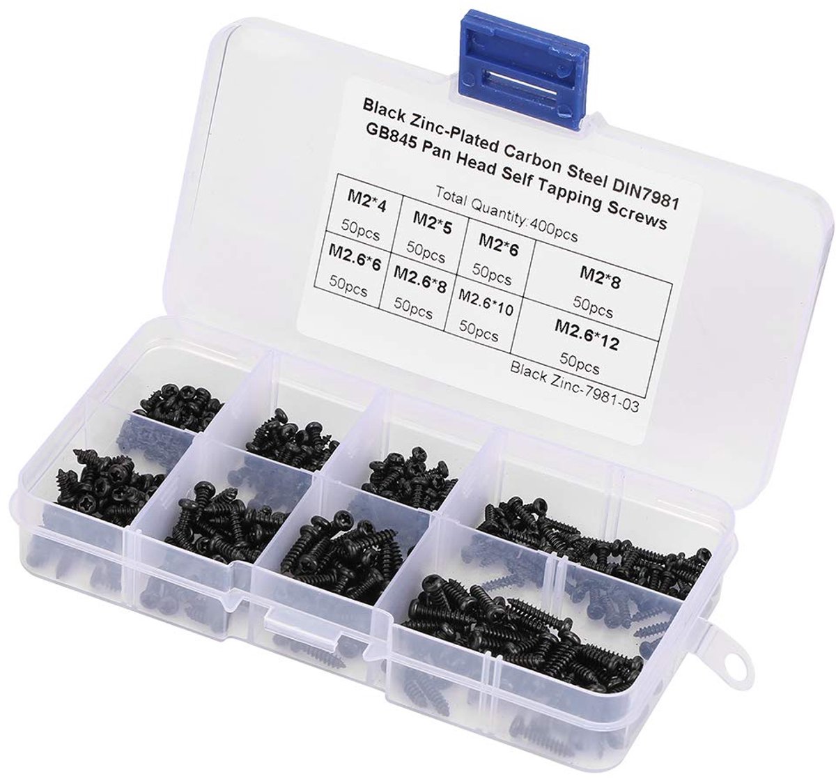 SnelShoppen - 400 Stuks Zwarte M2/M2.6 Zelftappende Schroeven Set Assortiment voor Doe-Het-Zelf Projecten - Pan Hoofd voor Houtbewerking, Metaal, Kuns
