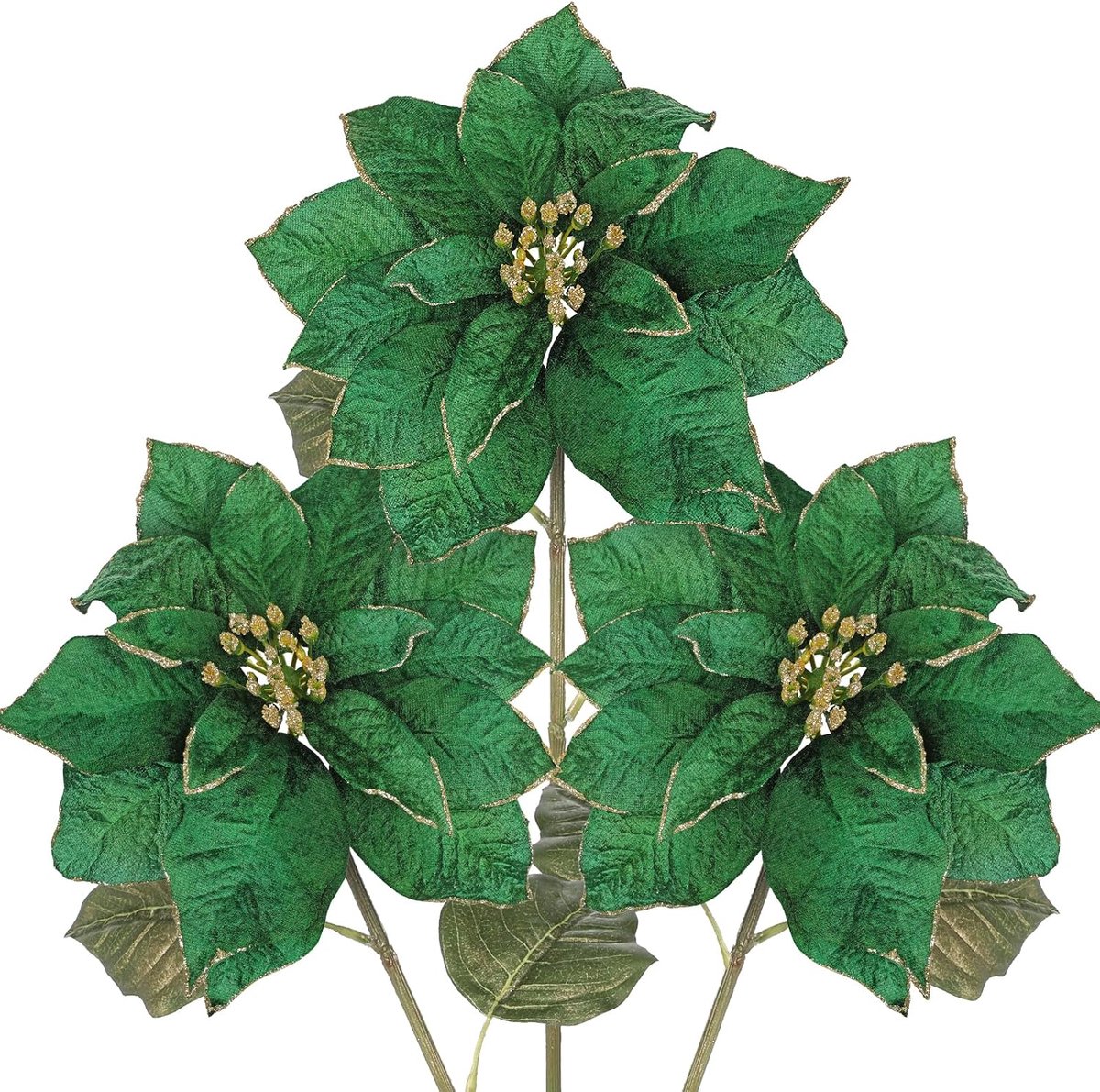 SnelShoppen - Pack van 3 Kunstmatige Kerstboomdecoraties Groene Poinsettia Bloemen 20cm GROOT voor Kerstboom, Vaas, Guirlandes en Tafeldecoratie