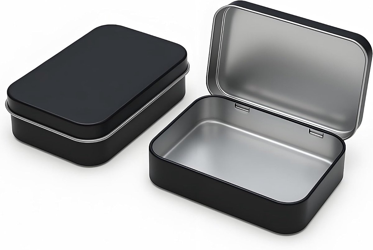 SnelShoppen - Metal Box met Scharnierdeksel (11,5 x 8,5 x 2,2 cm) – Rectangulaire Mini Opbergdoos voor Kleine Items, Tin met Deksel, Minibox (Zwart, 2